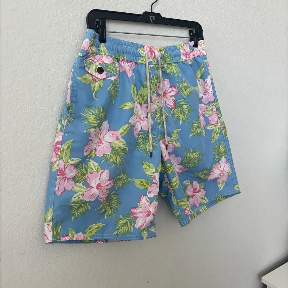 Polo Ralph Lauren Men Swim Trunks Tropical Hawaiian Floral Blue Size Medium